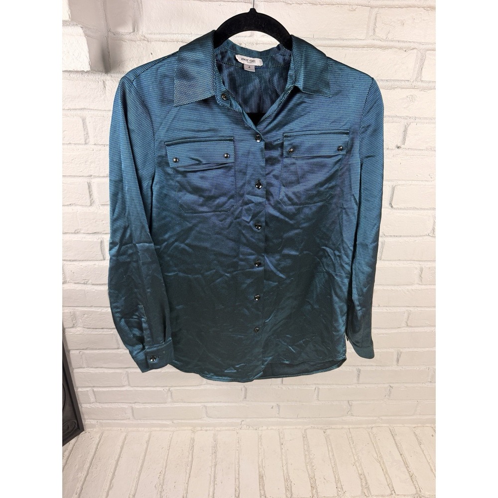 Per Se by Carlisle Womens 4 Teal Button Down Blouse Utility Shirt Shiny Luxe